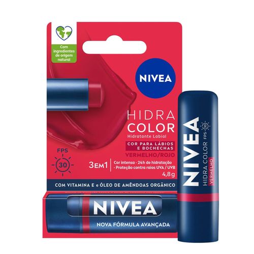 Kit com 3 Unidades de Nivea Hidratante Labial Hidra Color Vermelho FPS 30 4,8g Kit com 3 Unidades de Nivea Hidratante Labial Hidra Color Vermelho FPS 30 4,8g