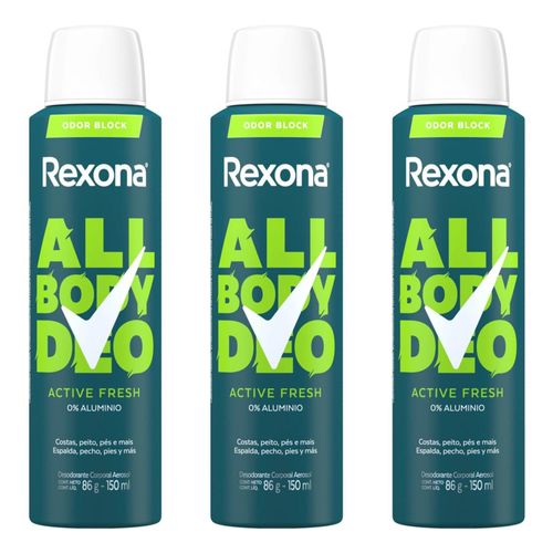 Kit com 3 Unidades de Desodorante Aerossol Rexona All Body Deo Active Fresh 150ml Kit com 3 Unidades de Desodorante Aerossol Rexona All Body Deo Active Fresh 150ml