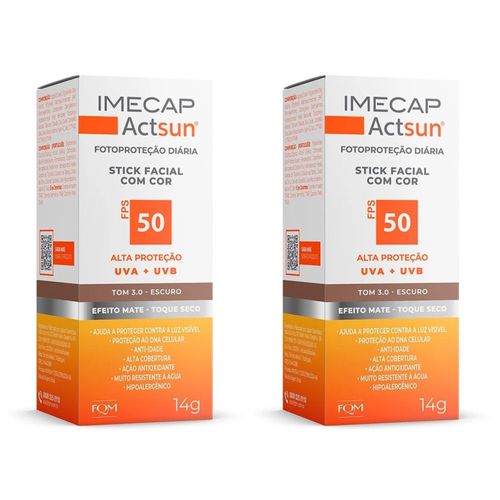 Kit com 2 Unidades de Protetor Solar Facial Stick Imecap Actsun FPS 50 Escuro 14g Kit com 2 Unidades de Protetor Solar Facial Stick Imecap Actsun FPS 50 Escuro 14g