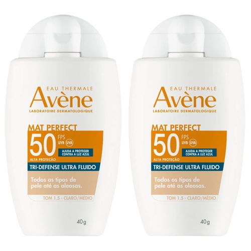 Kit com 2 Unidades de Protetor Solar Facial Avène Mat Perfect Tri-Defense Ultra Fluido FPS50 Tom 1.5 Claro/Médio 40g