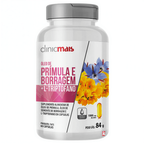 ÓLEO DE PRÍMULA E BORRAGEM + L-TRIPTOFANO 1000MG SAÚDE DA MULHER 60 CAPSULAS - CLINICMAIS ÓLEO DE PRÍMULA E BORRAGEM + L-TRIPTOFANO 1000MG SAÚDE DA MULHER 60 CAPSULAS - CLINICMAIS