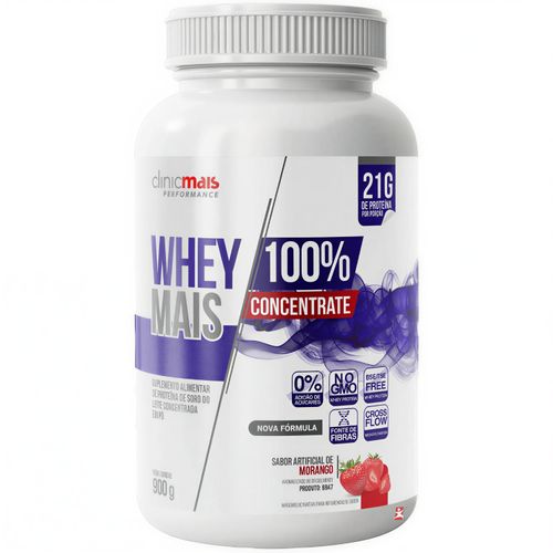 WHEY MAIS 100% CONCENTRATE 21G POR PORÇÃO MORANGO 900G - CLINICMAIS