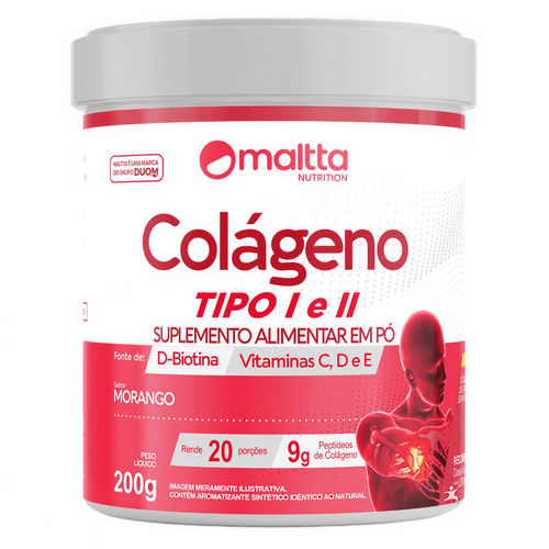 COLÁGENO TIPO 1 E 2 + BIOTINA + VITAMINAS E + C + D 200G MORANGO - MALTTA NUTRITION COLÁGENO TIPO 1 E 2 + BIOTINA + VITAMINAS E + C + D 200G MORANGO - MALTTA NUTRITION