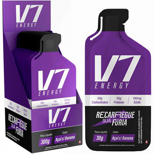 CARBOGEL - CARBOIDRATOS + POTÁSSIO + SÓDIO + VITAMINAS 10 SACHÊS 30G CADA AÇAÍ COM BANANA - V7 ENERGY