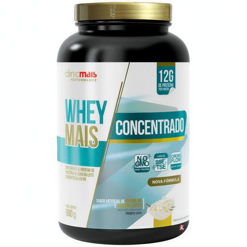 WHEY MAIS CONCENTRADO 12G POR PORÇÃO - QUATRO LEITES E BAUNILHA 900G - CLINICMAIS