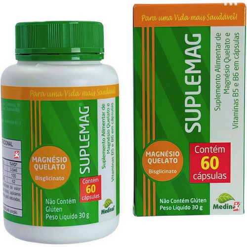 SUPLEMAG MAGNESIO QUELATO BISGLICINATO + VITAMINA B5 e VITAMINA B6 60 CÁPSULAS - MEDINAL