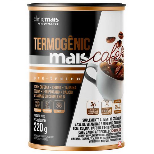 TERMOGENIC MAIS CAFE PRÉ TREINO SOLÚVEL SABOR CHOCOLATE 220G - CLINICMAIS