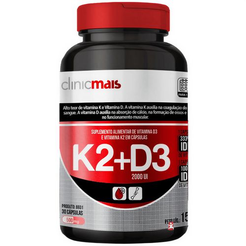 VITAMINA K2 + D3 - MENAQUINONA MK7 + COLECALCIFEROL FÓRMULA CONCENTRADA 30 CÁPSULAS - CLINICMAIS VITAMINA K2 + D3 - MENAQUINONA MK7 + COLECALCIFEROL FÓRMULA CONCENTRADA 30 CÁPSULAS - CLINICMAIS