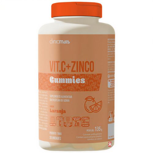 GOMAS DE VITAMINA C + ZINCO CONCENTRADA SABOR LARANJA 30 GUMMIES - CLINICMAIS GOMAS DE VITAMINA C + ZINCO CONCENTRADA SABOR LARANJA 30 GUMMIES - CLINICMAIS