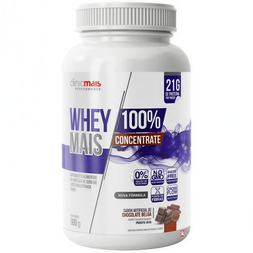 WHEY MAIS 100% CONCENTRATE 21G POR DOSE CHOCOLATE BELGA 900G - CLINICMAIS