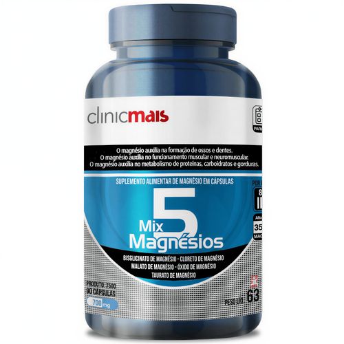 MIX 5 MAGNÉSIOS - BISLICINATO + CLORETO + MALATO + ÓXIDO + TAURATO 90 CÁPSULAS - CLINICMAIS