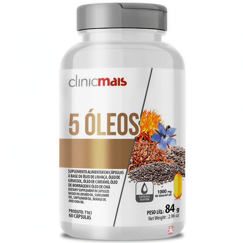 5 ÓLEOS - LINHAÇA, GIRASSOL, CÁRTAMO, BORRAGEM E CHIA 60 CÁPSULAS - CLINICMAIS