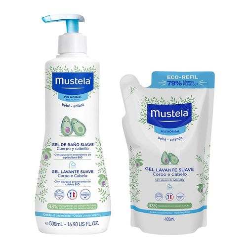 Kit-Gel-Lavante-Mustela-Bebe-com-Abacate-Organico-500ml-Refil-400ml-
