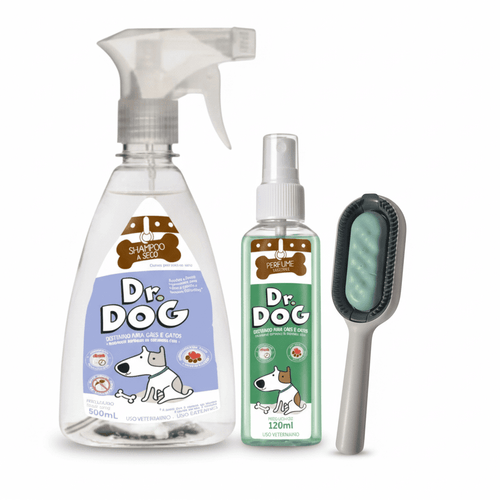 Kit Banho a Seco para Cachorro, Gatos, Filhotes 500ml +perfume Cheirinho Bebê +Escova Pet Rasqueadeira 3x1