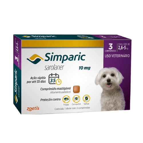simparic antipulgas para Cães de 2,6 a 5Kg - 10mg - 3 comprimidos Único Simparic Antipulgas Cães de 2,6 a 5Kg - 10mg - cx com 3 compr Sim simparic antipulgas para Cães de 2,6 a 5Kg - 10mg - 3 comprimidos Único Simparic Antipulgas Cães de 2,6 a 5Kg - 10mg - cx com 3 compr Sim