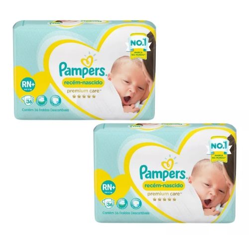 Kit 2 Fraldas Recem Nascido Premium Care ”Rn” Pampers c/ 36 Unidades cada