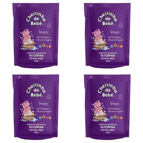 Kit c/4 Sabonetes Liquido Infantil Cheirinho De Bebê Refil 200ml Cristal Kit c/4 Sabonetes Liquido Infantil Cheirinho De Bebê Refil 200ml Cristal