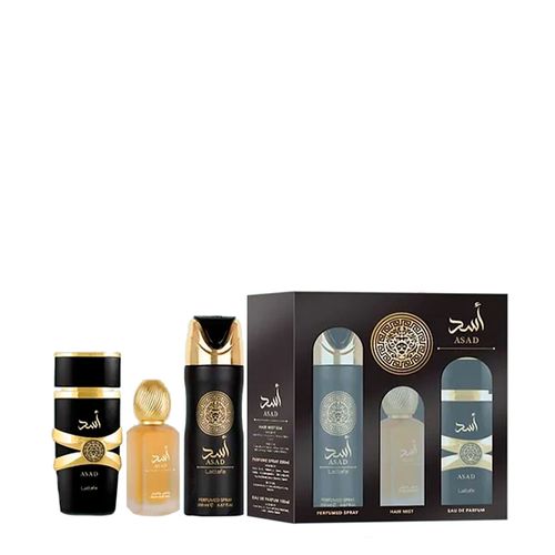 Kit Lattafa Asad Masculino - Eau de Parfum 100ml + Hair Mist 50ml + Desodorante 200ml Kit