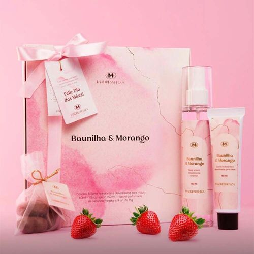 Kit Baunilha e Morango Creme para Mãos + Body Splash + Sabonete Madressenza Kit Baunilha e Morango Creme para Mãos + Body Splash + Sabonete Madressenza