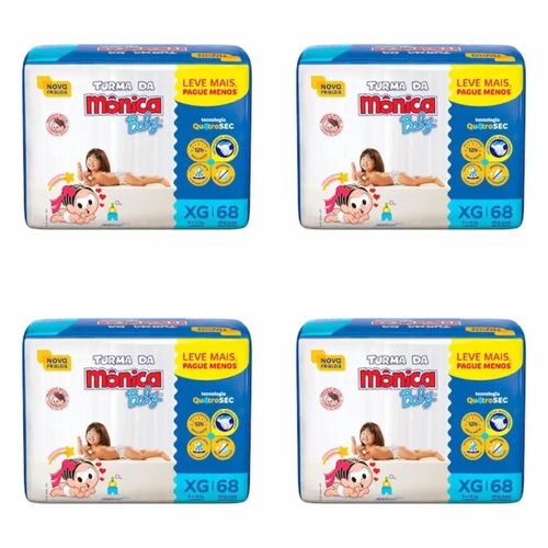 Kit 4 Fraldas Turma da Mônica Giga Tamanho XG com 68 Unidades cada