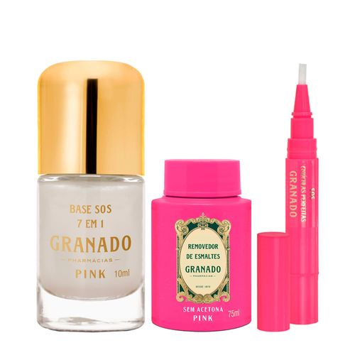 Kit Granado Pink Sos 7 em 1 Base para Unhas 10ml + Caneta Hidratante para Cutículas 3,5g + Removedor de Esmalte 75ml Kit Kit Granado Pink Sos 7 em 1 Base para Unhas 10ml + Caneta Hidratante para Cutículas 3,5g + Removedor de Esmalte 75ml Kit