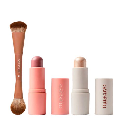 Kit Mascavo Pro Series Pincel de Maquiagem Duplo para Rosto + Blush Oak 6g + Iluminador Champagne 6g Kit