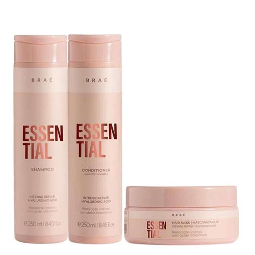 Kit Braé Essential Shampoo 250 ml + Condicionador 250 ml + Máscara 200 g Kit Braé Essential Shampoo Condicionador e Máscara Kit Braé Essential Shampoo 250 ml + Condicionador 250 ml + Máscara 200 g Kit Braé Essential Shampoo Condicionador e Máscara