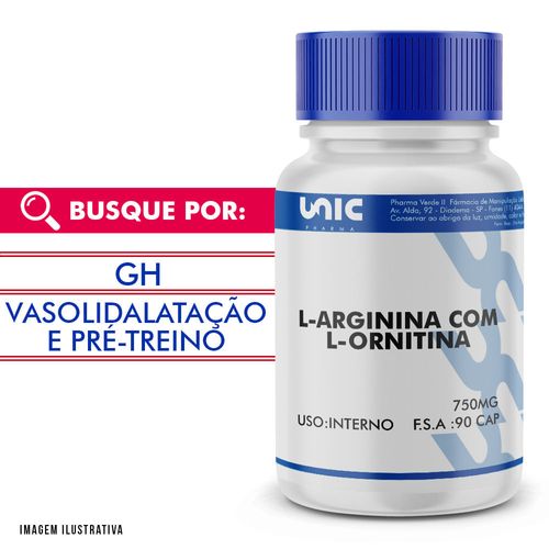 L-Arginina 500mg com L-Ornitina 250mg 90 Cápsulas