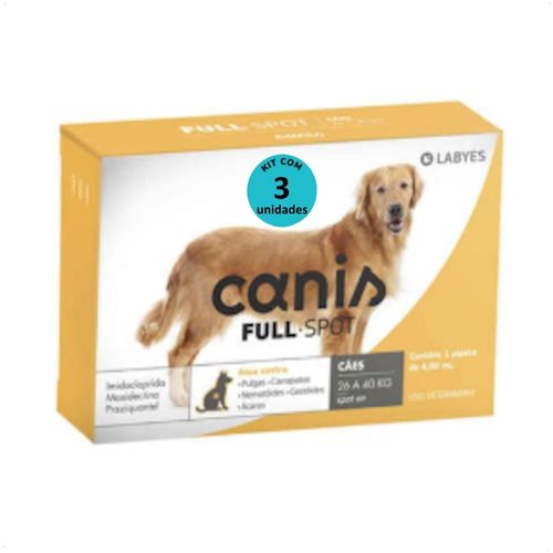 ANTIPULGAS E VERMIFUGO CANIS FULLSPOT CÃES DE 26 A 40KG KIT COM 3 ANTIPULGAS E VERMIFUGO CANIS FULLSPOT CÃES DE 26 A 40KG 4,00ML KIT COM 3