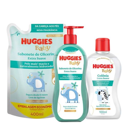 Kit-Huggies-Extra-Suave-Sabonete-Liquido-600ml---Colonia-100ml---Sabonete-Liquido-Disney-Baby-400ml-Refil