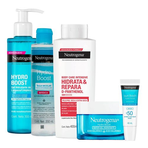 Kit-Neutrogena-Hidratante-Facial-50g-Protetor-Solar-FPS50-40ml-Gel-de-Limpeza-300ml-Agua-Micelar-200ml-Hidratante-Intensive-400ml