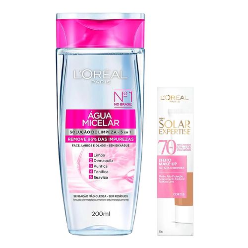 Kit-L'Oreal-Paris-agua-Micelar-200ml---Protetor-Solar-Solar-Expertise-FPS-70-Efeito-Make-Up-com-Cor-2-0-30g
