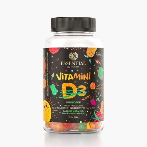 Vitamini D3 Gummy 400UI Morango, Maçã-Verde e Manga Essential Nutrition 60 Gomas