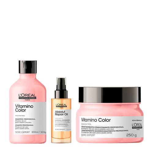 Kit L'Oréal Professionnel Shampoo Serie Expert Vitamino Color 300ml + Máscara para Cuidado Da Cor 250g + Óleo Capilar Absolut Repair 90ml Kit