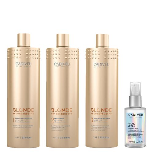 Kit Cadiveu Blonde Reconstructor Keeper Shampoo 100ml + Máscara Proteína 1000ml + Máscara Balanceadora 1000ml + Óleo Capilar Final Style 110ml Kit