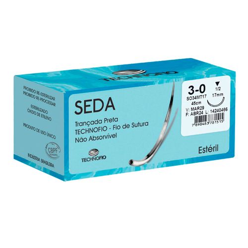 Fio de Sutura Seda Com Agulha 17mm 1/2 Triangular Technofio 3-0