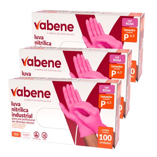 Kit de Luva Nitrílica Descartável Profissional Sem Pó Rosa 300 P