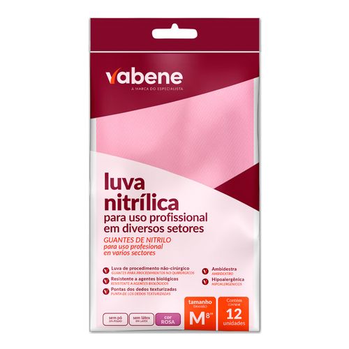 Luva Nitrílica Profissional Rosa Sem Pó 12 Unidades Vabene M