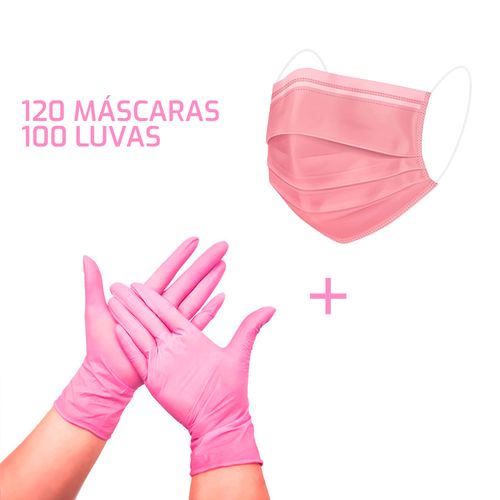 Kit 120 Máscaras Descartáveis TNT + 100 Luvas Nitrilo Rosa G