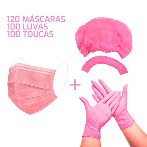 Kit 120 Máscaras Descartáveis + Luva Nitrilo + Touca TNT Rosa G