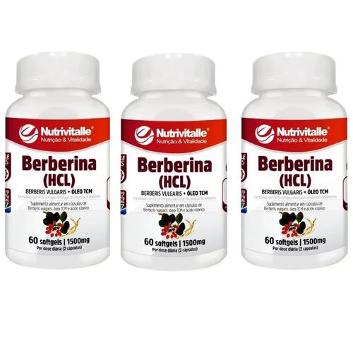 KIT 03 BERBERINA (HCL) 1500MG 60 SOFTGELS NUTRIVITALLE