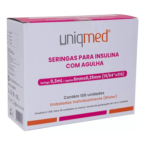 0,3ML 6MM X 31G BLISTER SERINGAS PARA INSULINA UNIQMED 100 UNIDADES
