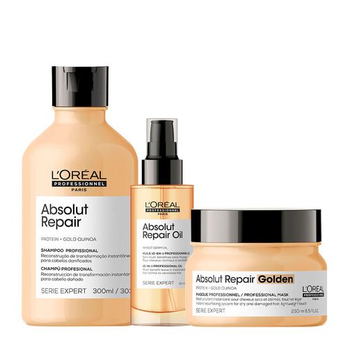 Kit L'Oréal Professionnel Serie Expert Absolut Repair Gold Quinoa - Shampoo 300ml + Máscara Golden 250g + Óleo 90ml Kit