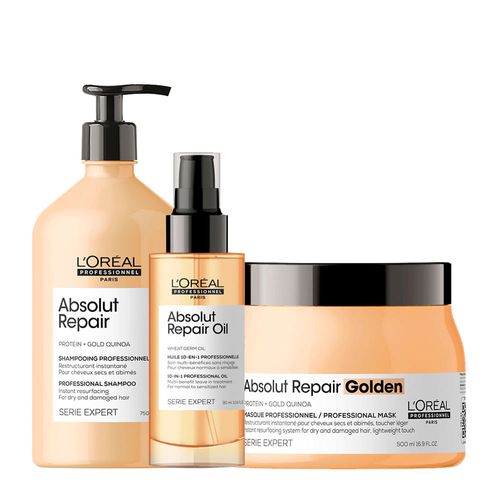 Kit L'Oréal Professionnel Serie Expert Absolut Repair Gold Quinoa - Shampoo 750ml + Máscara Golden 500g + Óleo 90ml Kit