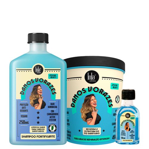 Kit Lola Cosmetics Reconstrução Danos Vorazes - Shampoo 250ml + Máscara de Reconstrução 450g + Óleo Reparador Capilar 50ml Kit