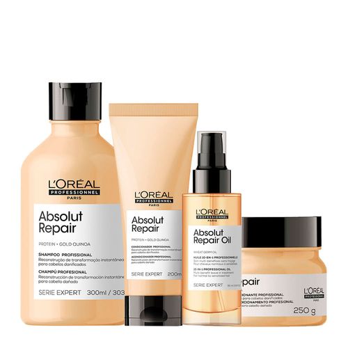 Kit L'Oréal Professionnel Serie Expert Absolut Repair Gold Quinoa - Shampoo 300ml + Condicionador 200ml + Máscara Reparação 250g + Óleo 90ml Kit