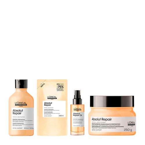 Kit L'Oréal Professionnel Absolut Repair Shampoo Refil 240ml + Shampoo 300Ml + Máscara 250g + Óleo Capilar 90ml Kit