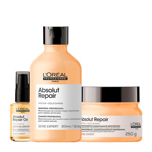 Kit L'Oréal Professionnel Serie Expert Absolut Repair Gold Quinoa - Shampoo 300ml + Máscara de Reparação 250g + Óleo Capilar 30ml Kit