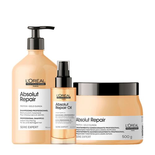 Kit L'Oréal Professionnel Serie Expert Absolut Repair Gold Quinoa - Shampoo 750ml + Máscara Reparação 500g + Óleo 90ml Kit