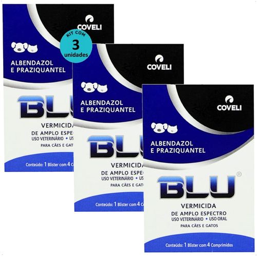 BLU COM 4 COMPRIMIDOS VERMÍFUGO PARA CÃES E GATOS COVELI KIT COM 3